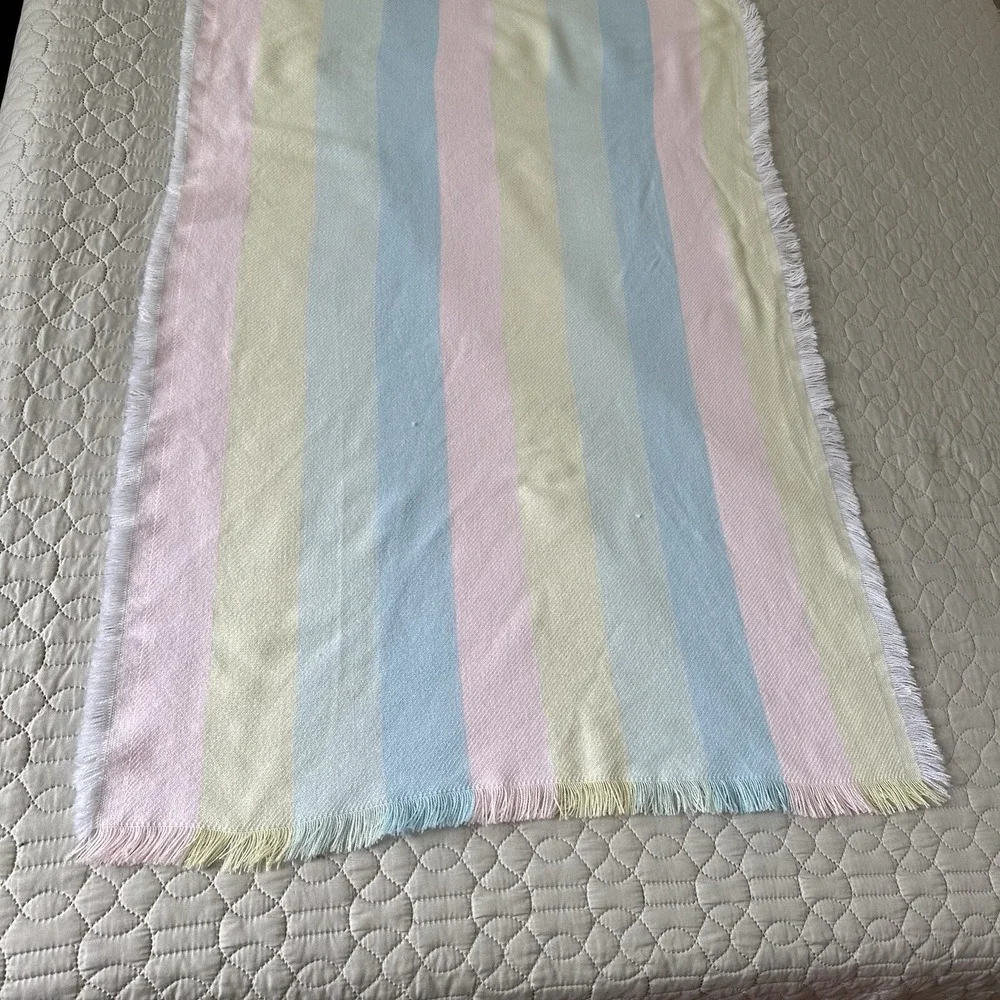 Vintage Acrylic Baby Blanket Pastel Stripe Fringe Receiving Pink Blue Yellow